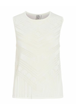 Haut tricoté blanc sans manches avec motifs géométriques et rayés texturés, à encolure ronde.