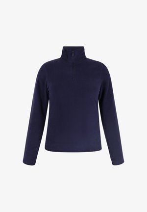 Marineblauer Fleece-Pullover mit halbem Reißverschluss und langen Ärmeln, der eine glatte Textur und eine figurbetonte Passform aufweist. Keine zusätzlichen Muster oder Akzente.