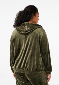 Felpa in velour verde oliva con cappuccio regolabile, orlo elastico e maniche lunghe, che mostra una superficie liscia e morbida in una vestibilità rilassata.