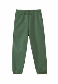 Pantaloni della tuta verdi con una cintura elastica e caviglie a coste, realizzati in un tessuto liscio con una sottile texture. Nessun motivo o accento visibile.
