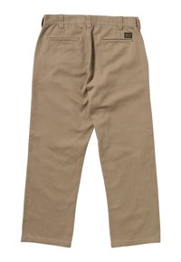 Beige pants made of cotton. Features a straight fit, belt loops, two back pockets, and a small logo tag on the waistband.