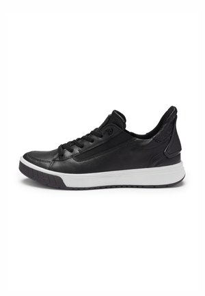 Black athletic shoe made of leather with a smooth texture, featuring a white rubber sole, lace closure, and a rear pull tab.