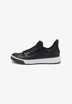Black athletic shoe made of leather with a smooth texture, featuring a white rubber sole, lace closure, and a rear pull tab.