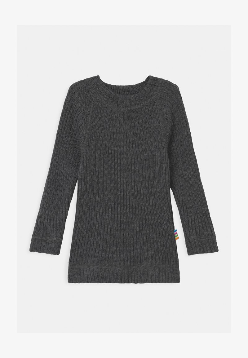 Dark gray ribbed knit sweater with a round neckline and three-quarter length sleeves. Features a multicolored tag on the side.