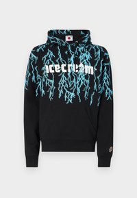 Black hoodie with blue lightning graphics, "icecream" logo in white, kangaroo pocket, and ribbed cuffs. Features subtle ice cream cone logo on sleeve.
