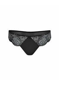 String noir en dentelle avec motif floral, dentelle semi-transparente à l'arrière et un devant noir lisse. Présente un petit nœud au centre.