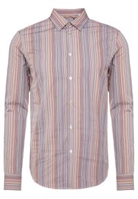 Langærmet skjorte med knapper og smalle lodrette striber i pastelfarver, herunder pink, blå, beige og hvid.