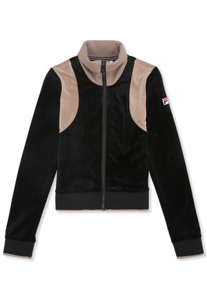 Fleece jack met hoge kraag, gemaakt van zwarte zachte stof en beige suede schouderaccenten. Voorzien van een ritssluiting aan de voorkant en aangesloten manchetten.