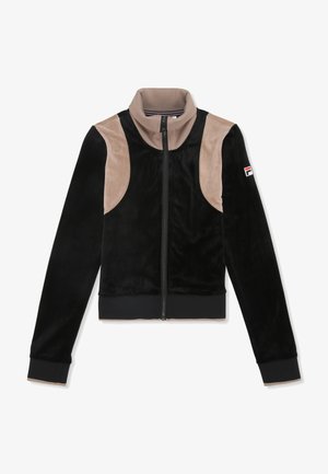 Chaqueta de forro polar con cuello alto, que presenta un suave tejido negro y acentos en ante beige en los hombros. Cierre delantero con cremallera y puños ajustados.