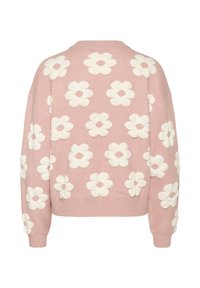 Rózsaszín kötött pulóver, kiemelkedő fehér virágmintákkal. Kerek nyakú, laza fazonú, bordázott aljjal és ujjal. Texturált kialakítás virágos díszítéssel.