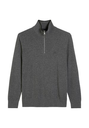 Pull-over zippé gris en tissu doux, avec des manches longues et un col haut, orné d'un logo discret sur la poitrine.