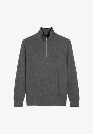 Gray zip-neck pullover sweater made of soft fabric, featuring long sleeves and a high collar, with a subtle logo on the chest.