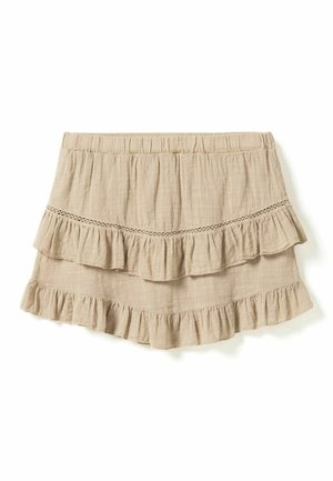 Beež linase kangaga miniseelik elastse vöökohaga ja topeltkihilise volangiga äärega, eestpoolt kaunistatud tikitud triibuga.