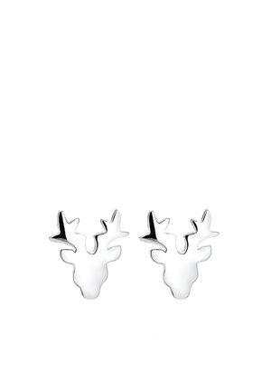 Paire de boucles d'oreilles en argent en forme de têtes de cerfs stylisées avec des bois, présentées sur un fond blanc.