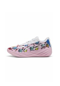 Rózsaszín mintás felsőrészű sneaker, amely különböző mesealakokat ábrázol, fehér fűzőkkel és kék sarokrésszel. Könnyű kialakítás, formázott talppal.