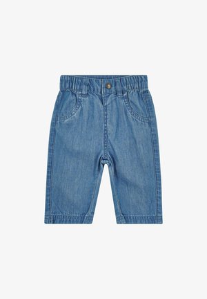 Denim shorts featuring an elastic waistband, two front pockets, and a light blue color with subtle stitching details.