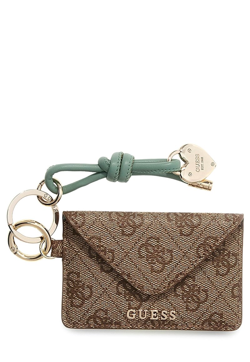 Brązowy portfel z wzorzystą, teksturowaną powierzchnią, z miętowo-zielonym paskiem i złotymi elementami ozdobnymi, w tym serduszkową kłódką i brelokiem.