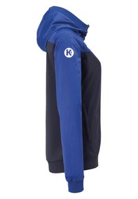 Kapuzenshirt mit einem blauen und marineblauen Farbschema. Hergestellt aus glattem Stoff, mit einem Logo auf der Schulter und Seitentaschen. Eng anliegende Bündchen.