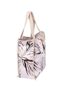 Canvas-Tote-Bag mit beigen Griffen, die einen weißen Hintergrund und einen dunkelbraunen Blattdruck aufweist. Robustes Design mit offener Oberseite.