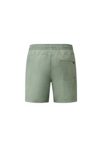 Světlé zelené šortky vyrobené z hladkého materiálu, s elastickým pasem a zadní kapsou na zip. Jednoduchý a funkční design.