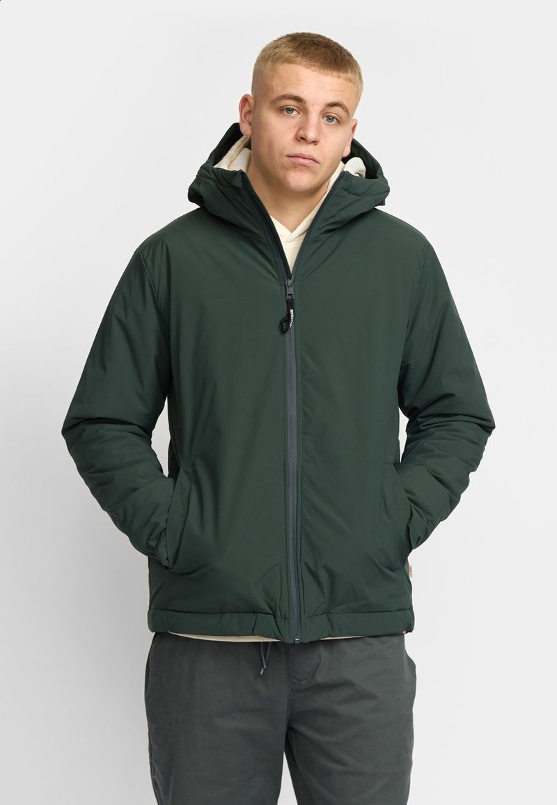 Green insulated jacket with a zip front, adjustable hood, and elastic cuffs. Features two side pockets and a straight hemline.