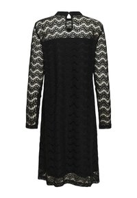 Crna čipkana haljina s dugim rukavima, s valovitim uzorkom. Straga se nalazi mali otvor za ključ na vratu.