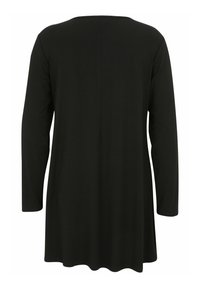 Schwarze Langarm-Tunika mit rundem Ausschnitt, gerade geschnitten, weicher Textur und minimalistischem Design. Rückansicht gezeigt.