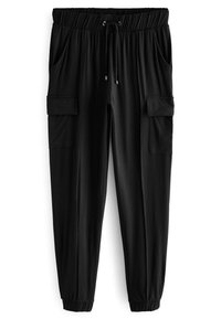 Schwarze Cargo-Hosen mit elastischem Bund und Kordelzug. Verfügt über zwei Seitentaschen und zwei Cargotaschen. Hergestellt aus einem glatten Stoff.