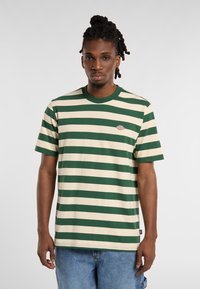Green and beige striped t-shirt made from cotton, featuring a crew neck and a small logo on the chest. Casual, relaxed fit.
