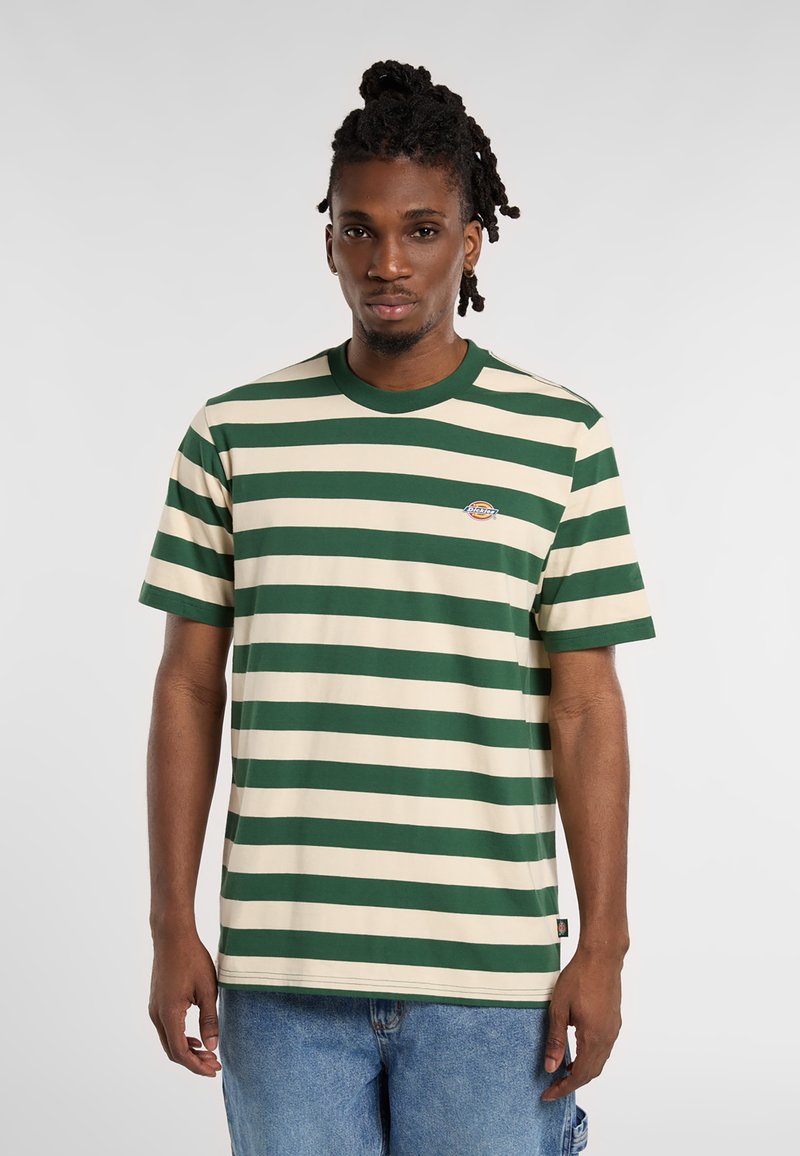 Green and beige striped t-shirt made from cotton, featuring a crew neck and a small logo on the chest. Casual, relaxed fit.