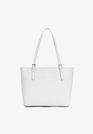 Borsa tote sintetica bianca con due manici robusti, superficie liscia e design minimalista. Presenta un dettaglio del logo sul lato anteriore.