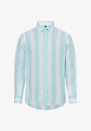 Baumwollhemd mit langen Ärmeln, das abwechselnd hellblaue und weiße Streifen aufweist, einen Button-Down-Kragen und einen abgerundeten Saum hat.