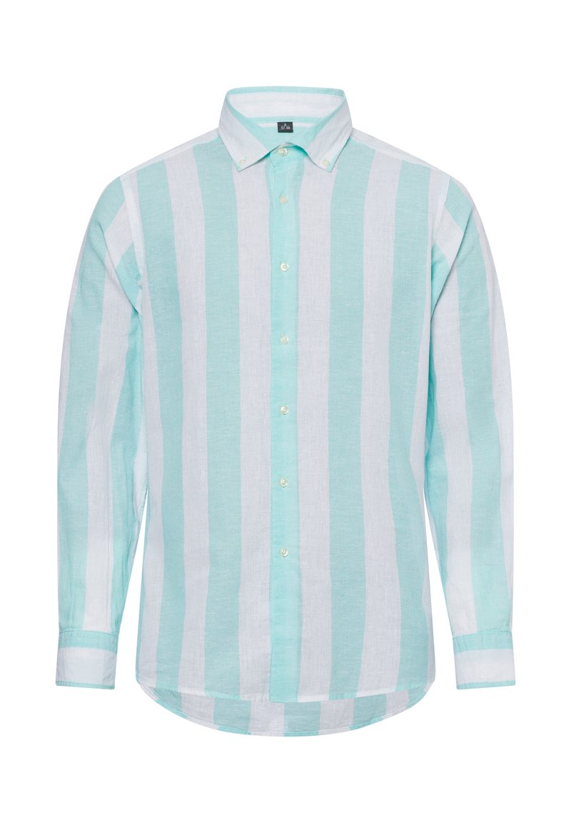 Baumwollhemd mit langen Ärmeln, das abwechselnd hellblaue und weiße Streifen aufweist, einen Button-Down-Kragen und einen abgerundeten Saum hat.