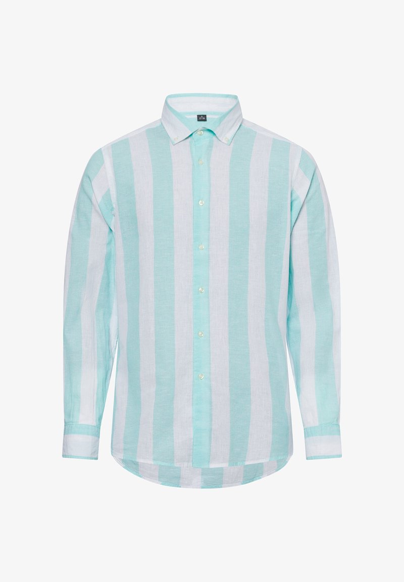 Baumwollhemd mit langen Ärmeln, das abwechselnd hellblaue und weiße Streifen aufweist, einen Button-Down-Kragen und einen abgerundeten Saum hat.