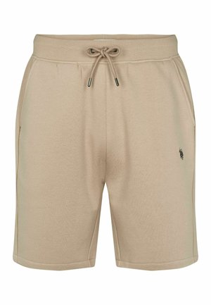 Beige shorts lavet af blødt stof, med en elastisk talje med snor, sidelommer og et lille logo på venstre side.