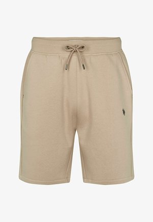 Beige Shorts aus weichem Stoff, mit einem elastischen Bund und Kordelzug, seitlichen Taschen und einem kleinen Logo auf der linken Seite.
