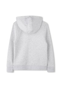 Sweat-shirt à capuche gris fabriqué en tissu doux et texturé. Il dispose d'une capuche doublée, de poignets et d'un ourlet côtelés, avec un design simple et minimaliste.
