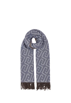 Écharpe grise à motifs avec des franges brun foncé aux deux extrémités, pliée et bouclée en haut.