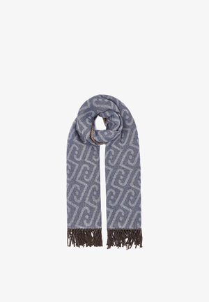 Écharpe grise à motifs avec des franges brun foncé aux deux extrémités, pliée et bouclée en haut.