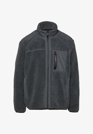 Fleecejacke in Dunkelgrau mit hohem Kragen, Reißverschluss vorne und Seitentaschen. Verfügt über eine Brusttasche mit einem kontrastierenden Einsatz und Reißverschluss.