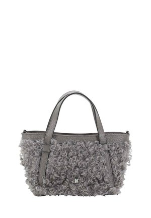 Gray handbag with curly textured fabric, featuring leather accents and two handles; compact shape with a zippered top closure.
