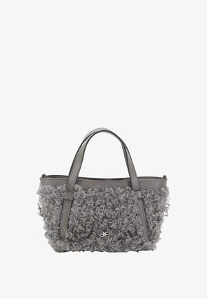 Gray handbag with curly textured fabric, featuring leather accents and two handles; compact shape with a zippered top closure.
