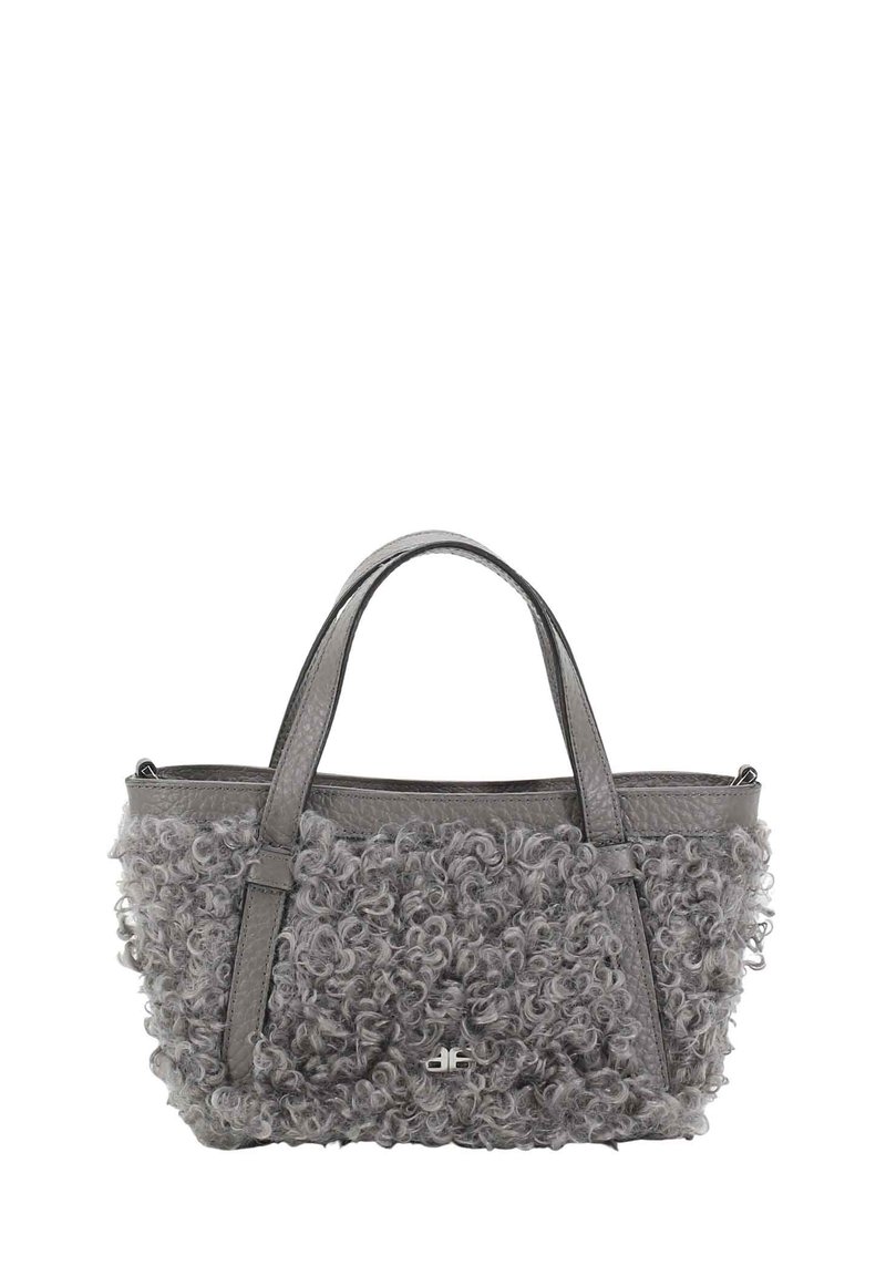 Gray handbag with curly textured fabric, featuring leather accents and two handles; compact shape with a zippered top closure.
