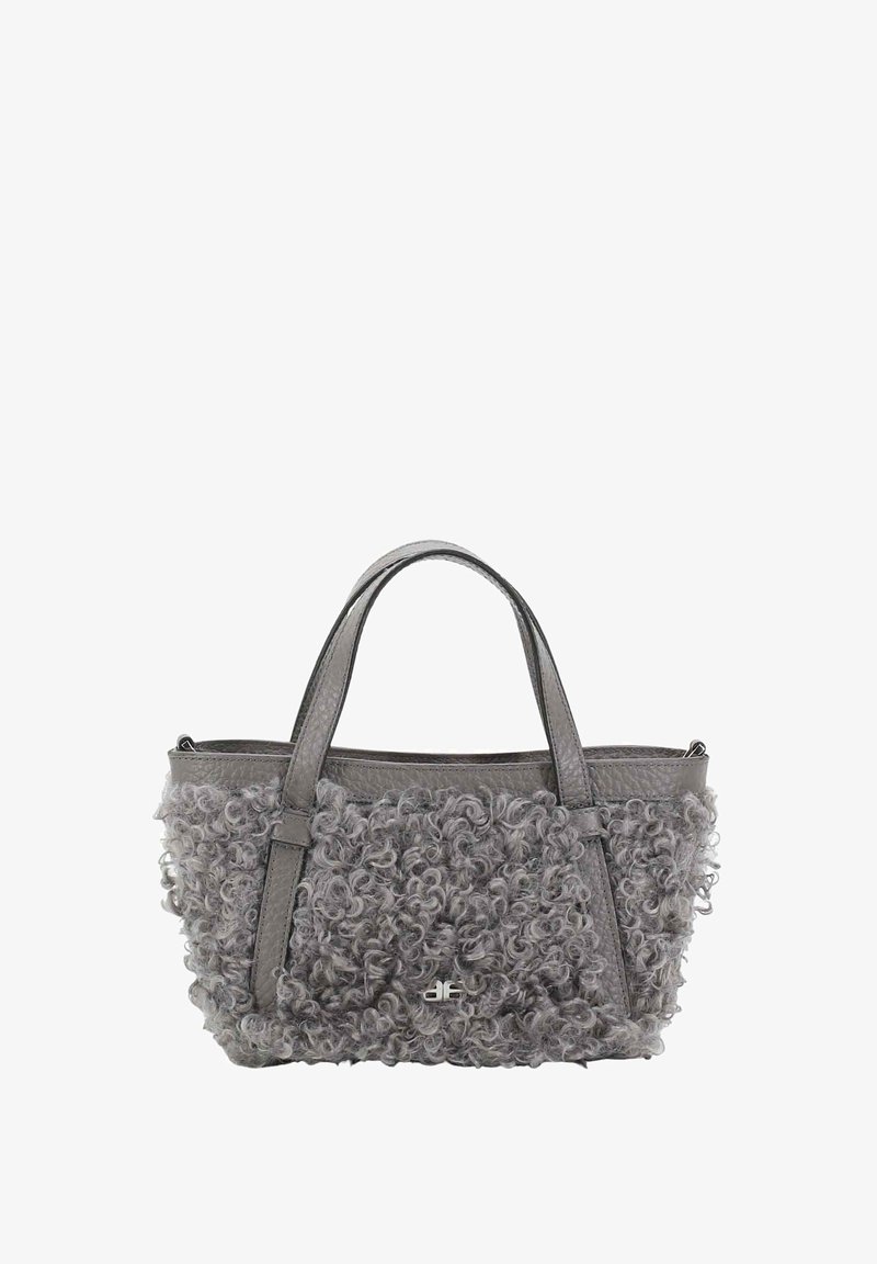 Gray handbag with curly textured fabric, featuring leather accents and two handles; compact shape with a zippered top closure.