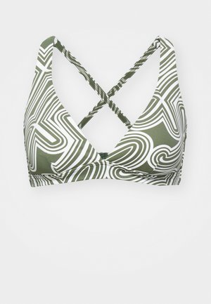 Zielono-biały biustonosz bikini w kształcie trójkąta; ma krzyżujące się ramiączka i gładką teksturę.