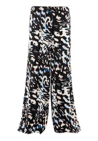Pantaloni a gamba larga in un tessuto leggero, caratterizzati da un motivo astratto in bianco, nero e blu, con una vita comoda.