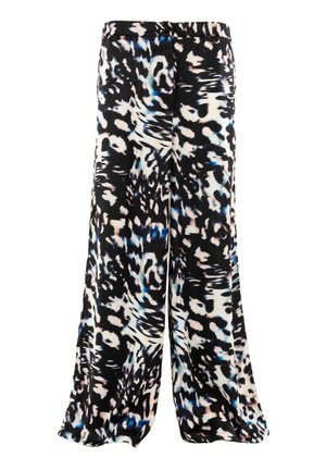 Pantalons évasés en tissu léger avec un motif abstrait noir, blanc et bleu, dotés d'une taille décontractée.