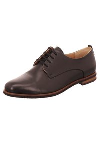 Brown leather dress shoe with a sleek design, rounded toe, and six-eyelet lace-up closure. Features a contrasting brown sole and subtle accents.