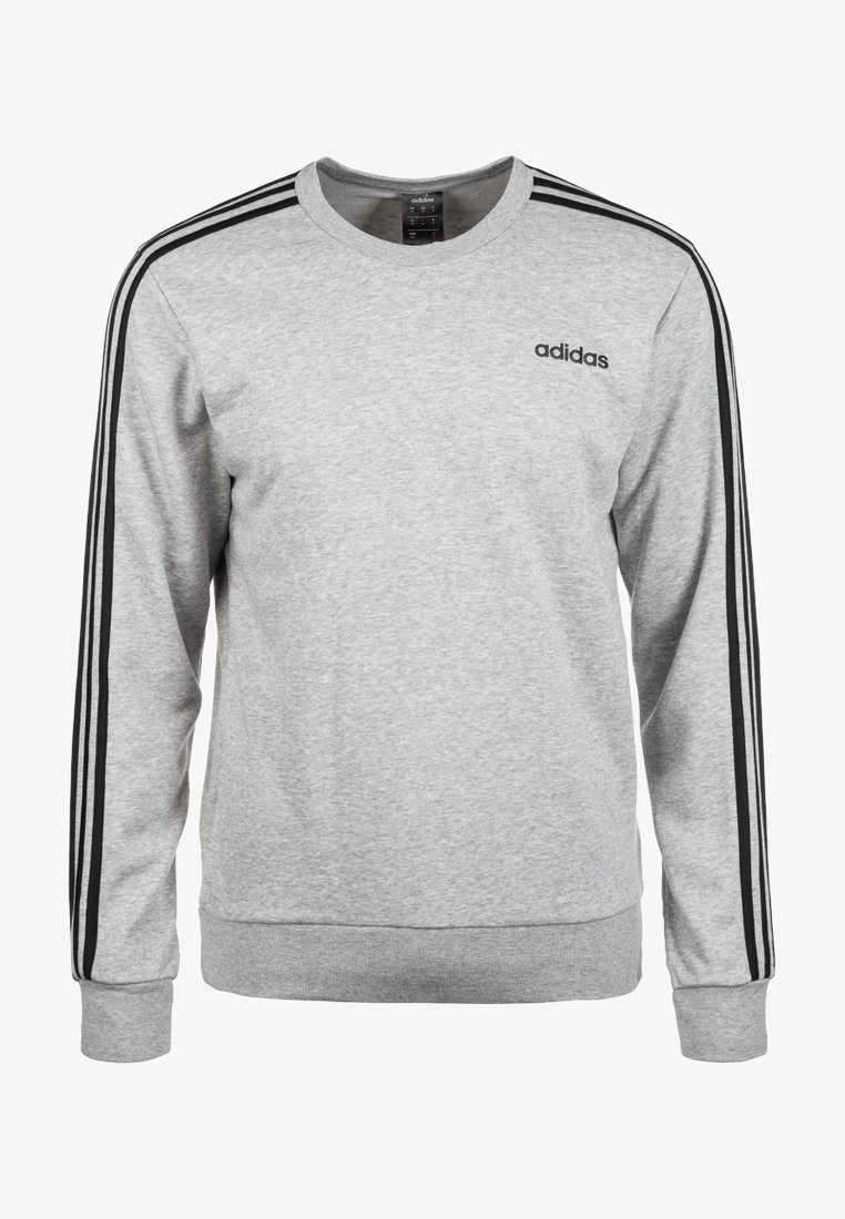 Felpa grigia in misto cotone, con maniche lunghe, scollo rotondo, strisce nere laterali e logo adidas sul petto.