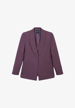 Blazer ajusté violet avec revers cranté, fermeture à un bouton, deux poches avant et une finition en tissu lisse et structuré.